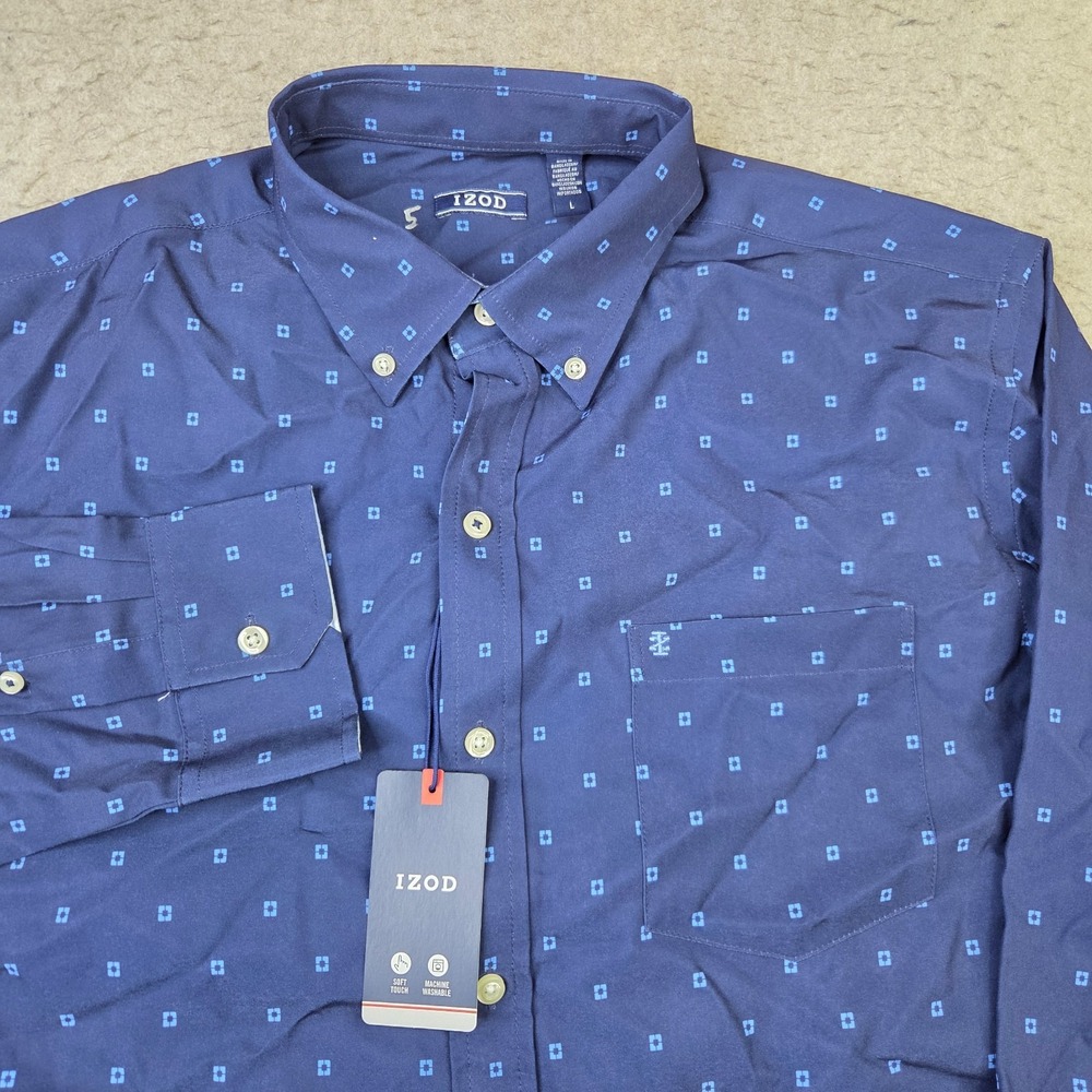 Izod Shirt Mens L Blue Geometric Performance Stretch Long Sleeve Button Down NEW